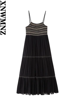 XNWMNZ Женская мода 2023, Вышитое платье Миди, женский праздничный стиль, Прямой вырез, Регулируемые Тонкие бретельки, женские шикарные платья 8
