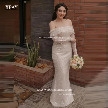 XPAY Сексуальные свадебные платья из блестящего тюля без бретелек с длинными рукавами Длиной до пола, свадебные платья Vestido de noiva на заказ 2023 г. 3
