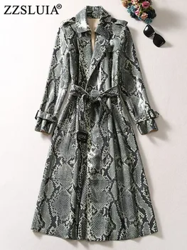 ZZSLUIA Винтажная Ветровка для женщин, тренч из искусственной кожи с леопардовым принтом, модное элегантное длинное пальто с поясом, женская одежда 1
