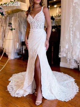 Белое кружевное свадебное платье русалки с разрезом в тонкую полоску, придворный шлейф, милое свадебное платье Невесты Abito Da Sposa 10