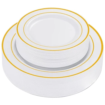 Белые пластиковые тарелки с золотым ободком-сверхпрочные пластиковые праздничные тарелки, обеденные тарелки, тарелки для десерта /салата, закуски для вечеринки/свадьбы 1