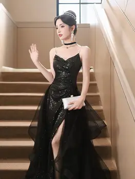 Блестящее черное платье с пайетками для выпускного вечера, сексуальное коктейльное платье с разрезом на бретельках, расшитое бисером, тюлевое платье с небольшим прицепом для банкета Vestido 3