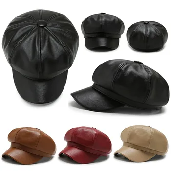 Восьмиугольная кепка из искусственной кожи, берет, кепка с утиным язычком, ретро Женская осенне-зимняя шляпа-берет, Корейская версия, короткая шляпа с карнизом 5