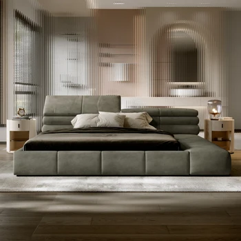 Высококлассный дизайнер кровати татами: тканевая кровать в спокойном стиле, двуспальная кровать в главной спальне, современный дизайн 15