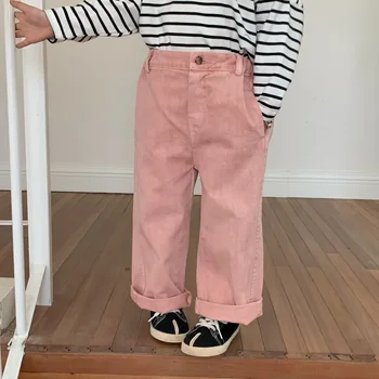 Детская одежда, штаны для маленьких девочек, однотонные розовые джинсы, осень 2023, Новая Корейская мода, повседневный пояс с прямыми штанинами, эластичный пояс 1