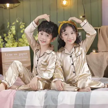 Детская пижама из атласного шелка цвета шампанского и золота для девочек, пижамный комплект с длинными рукавами для маленьких мальчиков, пижама для девочек-подростков, ночное белье, детская одежда 15