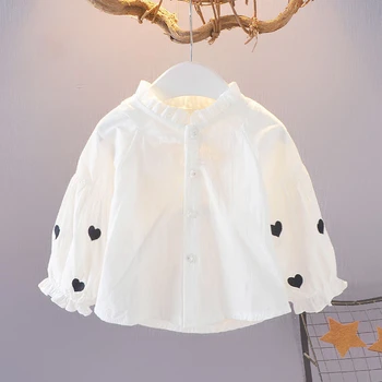 Детская рубашка с длинным рукавом, модная детская однотонная блузка с принтом в виде сердца, детский кардиган, пальто, топы из 100% хлопка на весну и осень 4