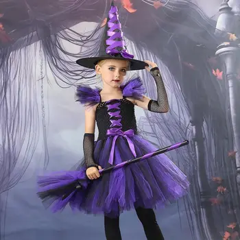Детский костюм ведьмы на Хэллоуин Для девочек, тюлевое платье вампира с пышными рукавами, шляпа-метла ведьмы, Леггинсы, нарядные платья, детская одежда 12