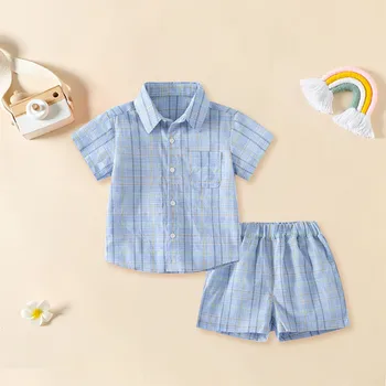 Детский костюм для мальчиков из 2 предметов, детская рубашка в полоску на пуговицах с короткими рукавами и карманом + Короткие комплекты Летней одежды для малышей 10