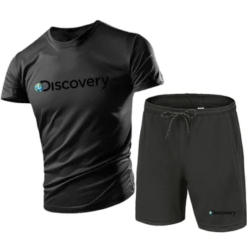 Жаркое лето 2023, мужская футболка + шорты, мужской спортивный комплект, модный комплект из дышащей футболки с коротким рукавом с принтом Discovery для отдыха 2