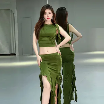 Женская одежда для танца живота для взрослых 2023, летний новый тренировочный комплект, кружевная длинная юбка, одежда для начинающих 11