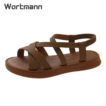Женские сандалии Wortmann с перекрестными ремешками, летние новинки 2023 года, римские модные эластичные сандалии на плоской мягкой подошве