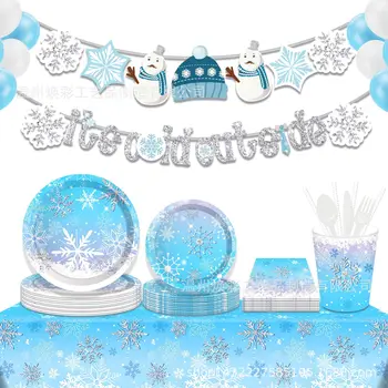 Кавайные голубые снежинки украшение зимней рождественской вечеринки аниме фигурная тарелка чашка для салфеток наклейки с баннерами подставка для торта принадлежности для вечеринок