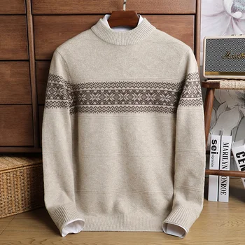 Кашемировый свитер, мужской круглый вырез, Цветная строчка из чистой шерсти, Утолщенный зимний пуловер, свитер с длинным рукавом, теплый свитер для отдыха 1