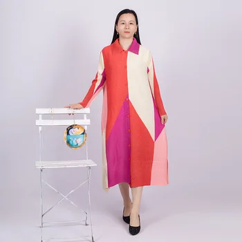 Контрастный цвет с принтом 2023, модное повседневное свободное плиссированное платье большого размера 1