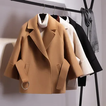 Короткая шерстяная куртка Осень/зима, Цветной пояс без пуговиц, Шерстяная ткань 5