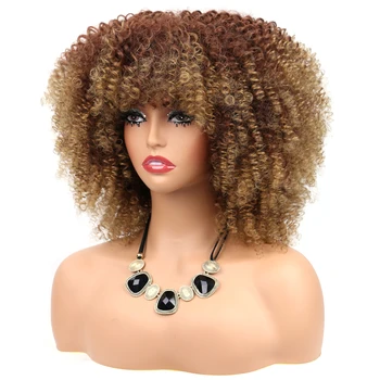Короткий кудрявый Светлый парик для чернокожих женщин, афро-кудрявый Парик с челкой, Синтетический Натуральный бесклеевой Омбре, Коричневый блондинистый парик для косплея 11