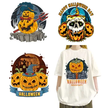 Крутая футболка с изображением тыквы-ведьмы в лунном свете на Хэллоуин DTF с изображением черепа зомби для мужчин и женщин с теплопередающей печатью 6