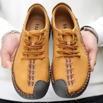 Легкая мужская кожаная обувь, модная мужская повседневная обувь для шитья, нескользящая мужская обувь для прогулок, Мягкие мокасины на шнуровке 2023 14