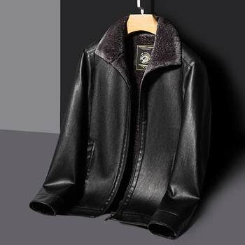 Легкое роскошное кожаное пальто, мужская зимняя кожаная куртка с утолщенным мехом на флисовой подкладке, интегрированная теплая кожаная куртка с отворотом и застежкой-молнией для отдыха, мужская 14