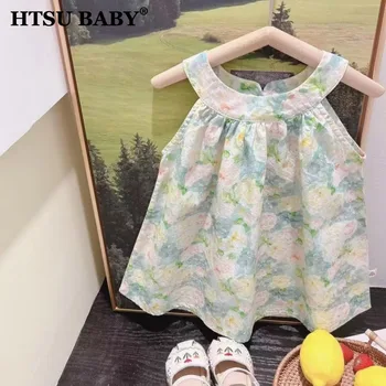 Летнее платье принцессы для маленьких девочек HTSU, новинка 2023 года, детские платья Sweet Vantage с милым ремешком на шее, одежда для малышей 6