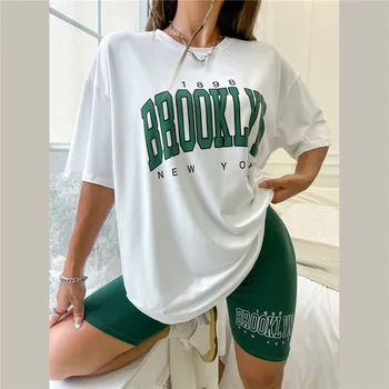 Летний женский комплект из 2 предметов, повседневный костюм, футболка Harajuku + шорты, футболки с буквенным принтом Бруклина, топы с коротким рукавом, спортивный костюм, наряды 13