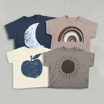 Летняя одежда для мальчиков и девочек от 2 до 6 лет, хлопковая футболка с короткими рукавами для малышей, винтажный топ с принтом Солнца, Луны и радуги 1