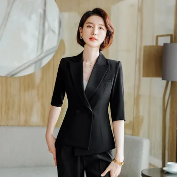 Модный женский черный блейзер, женские деловые костюмы, комплект из брюк и жакета, Рабочая офисная униформа с коротким рукавом 8