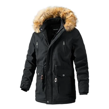 Мужская зимняя куртка со съемным меховым капюшоном, повседневное длинное пальто однотонного цвета 8