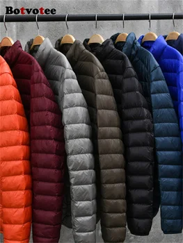 Мужская пуховая куртка Botvotee с длинным рукавом Осень Зима 2023 Модные повседневные однотонные пальто на молнии Шикарные винтажные парки с воротником-стойкой 2