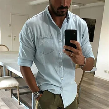 Мужская рубашка с длинным рукавом 2023 Весна и осень Новая корейская версия молодежной джинсовой повседневной рубашки большого размера 1
