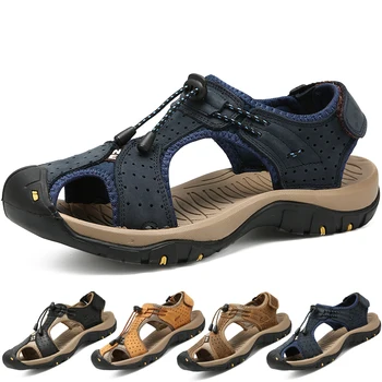 Мужские кожаные сандалии, летние походные сандалии с запахом, римские сандалии из натуральной кожи на платформе, Модные нескользящие треккинговые пляжные кроссовки 7