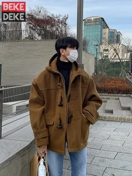 Мужское полушерстяное пальто в стиле колледжа, дизайнерская повседневная куртка с капюшоном с роговой пряжкой, Корейский стиль, Свободная Модная Мужская верхняя одежда, куртки 2