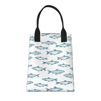 Нарисованная вручную рыба, бесшовная большая модная сумка для покупок с ручками, многоразовая хозяйственная сумка из прочной винтажной хлопчатобумажной ткани 6