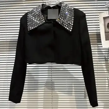 Новейшая дизайнерская короткая куртка 2023 года на ХАЙ-СТРИТ, женская, сверкающая бриллиантами, украшенная бисером, Черная куртка-пальто 4
