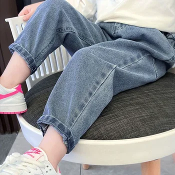 Новые детские джинсы для девочек 2023, весенне-осенние модные брюки свободного повседневного стиля с эластичной резинкой на талии, детские джинсовые брюки Q637 6