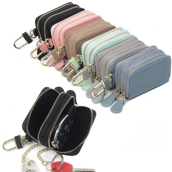 Новый стиль, кожаная сумка для ключей на двойной молнии, подвешенная на поясе, для хранения автомобильных брелоков большой емкости и ключей для дома 3