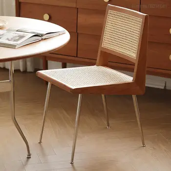 Обеденный стул из массива ротанга в скандинавском стиле, домашний стул со спинкой, современный минималистичный средневековый стул, стул знаменитостей из нержавеющей стали 6