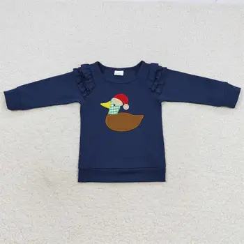 Оптовая продажа одежды для малышей Merry Christmas Duck, детские рубашки с вышивкой с длинными рукавами, Топы для маленьких девочек, Детская темно-синяя одежда 10