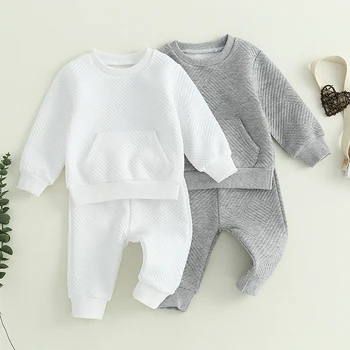 Осенне-зимняя одежда для маленьких мальчиков из 2 предметов, передний карман с длинным рукавом, текстурированная толстовка, топы и брюки, комплект одежды для малышей 5