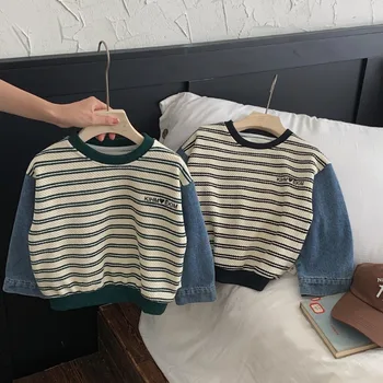 Осенние детские толстовки 2023 года, модные полосатые джинсовые пуловеры в стиле пэчворк с длинными рукавами, свободные повседневные свитшоты для мальчиков 3