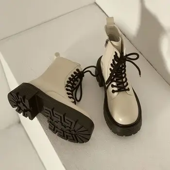 Осенние женские ботильоны 2023 года, Бежевые, черные Кожаные туфли на шнуровке в готическом стиле в стиле панк, Короткие Комбезы на среднем каблуке, Женские ботинки на платформе 3