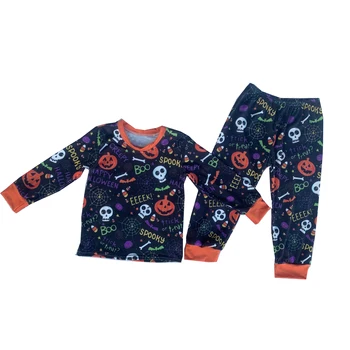 Пижама для мальчиков на Хэллоуин, пижама с рисунком тыквы, молочная шелковая ткань, брюки с длинными рукавами, пуловер с круглым вырезом 9