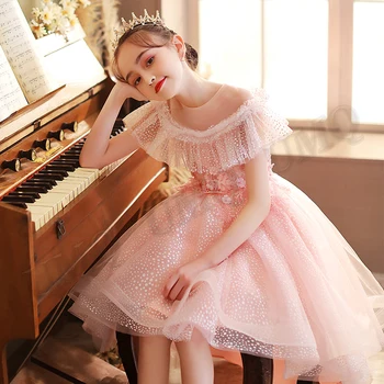 Платье принцессы с розовыми побрякушками на день рождения с цветочным узором для девочек, фотосессия для малышей, детские праздничные платья, сшитые на заказ 1