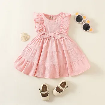 Платья Принцессы для маленьких девочек, повседневное платье без рукавов с рюшами, праздничное платье для новорожденных на 1 день рождения, Розовое платье с бантом для малышей 3