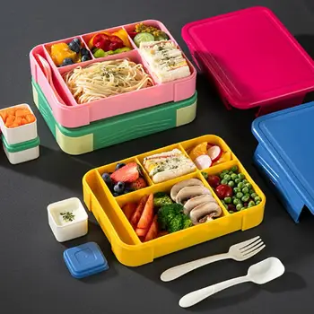 Полезный контейнер для еды Легкая коробка для бенто, герметичный контейнер для хранения фруктов с вилкой-ложкой 3