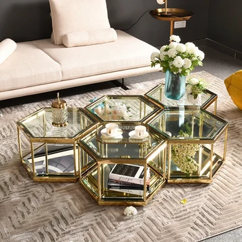 Прозрачный журнальный столик Из нержавеющей стали, Геометрическая комбинация, Креативный дизайн чайного столика, Шестигранные Чайные столики из закаленного стекла