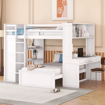 Простая полноразмерная белая кровать-чердак с двуспальной кроватью, полками, письменным столом и шкафом, подходящая для молодежной, детской спальни