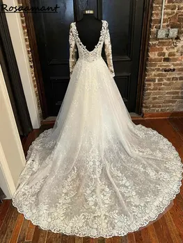 Реальное изображение Свадебные платья с V-образным вырезом и длинным рукавом, иллюзия трапециевидной формы, открытая спина, цветочные аппликации, кружевные свадебные платья 15