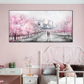 Розовые деревья, картина маслом, печать на холсте, Романтический уличный любовник, Афиша Сиднейской оперы, декоративные картины для гостиной, домашний декор 10